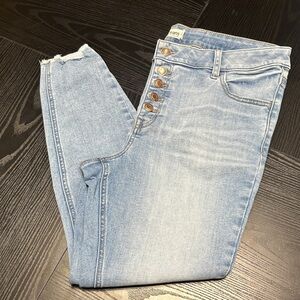 Maurices Light Blue Skinny Jeans Large/Short with distressed ankles